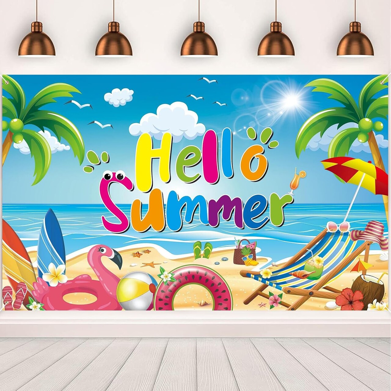 Hello Summer Backdrop, 72.8" x 43.3" Summer Beach Party Backdrop Colorful Summer Photo Backdrop Summer Photography Backdrop Summer Background Banner for Birthday Summer Beach Party Decor